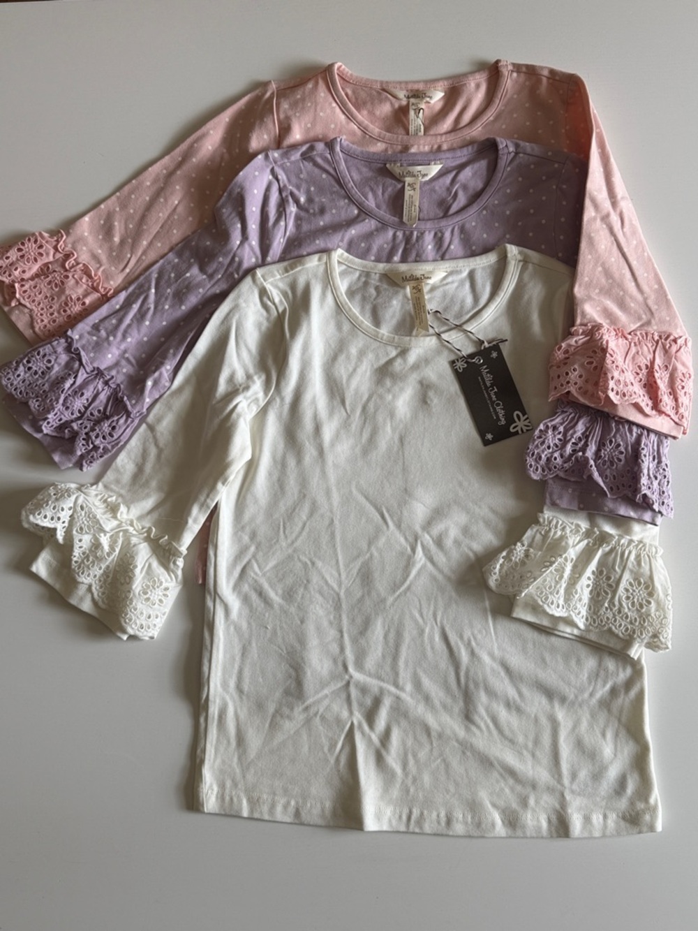 Three Matilda Jane Layering Eyelet Ruffle Sleeved Tops - White, Lavender, Pink